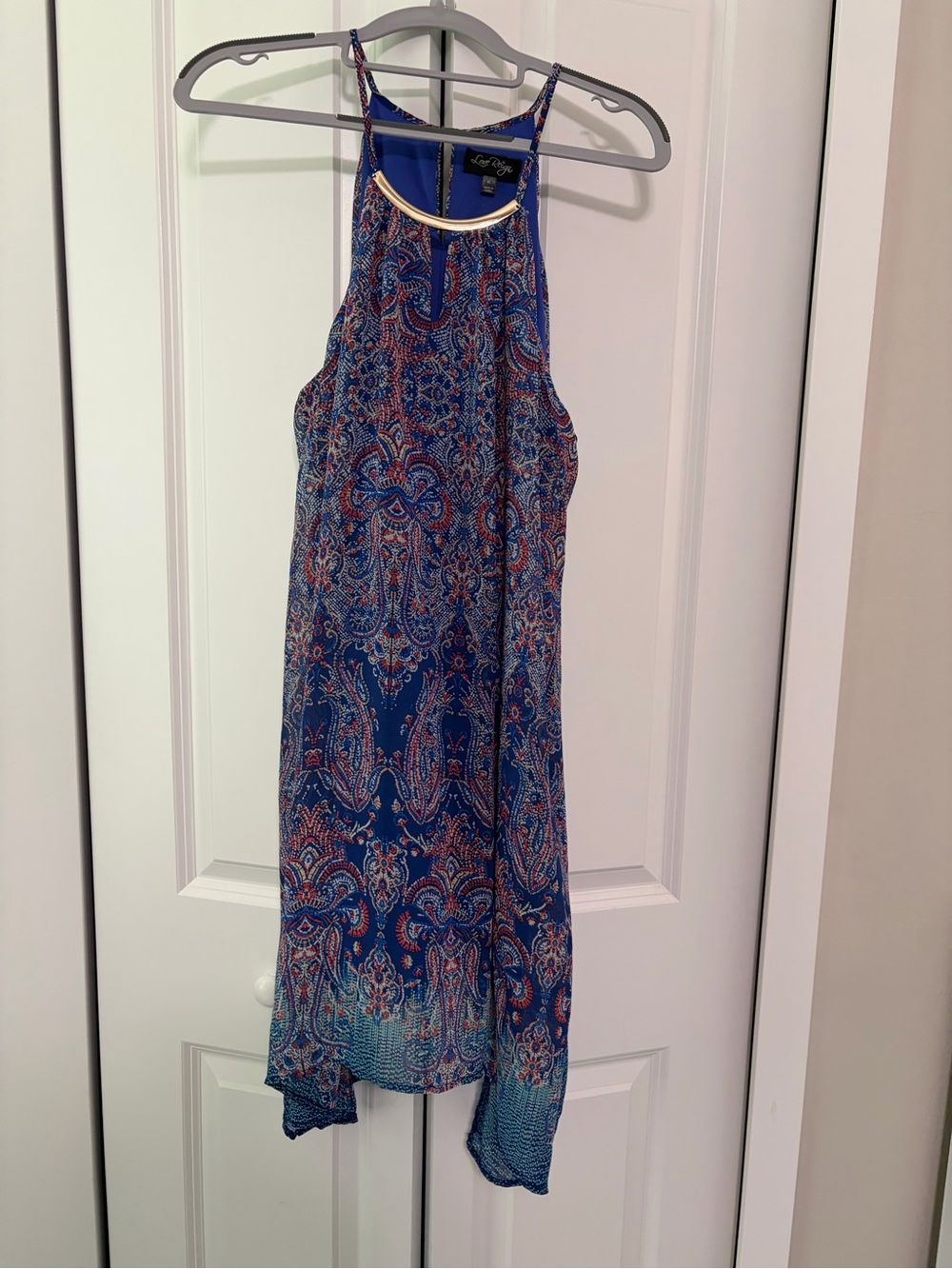 Love Reign Womens XL Blue Halter Swing Dress Slit Neck Spaghetti Flowy Boho